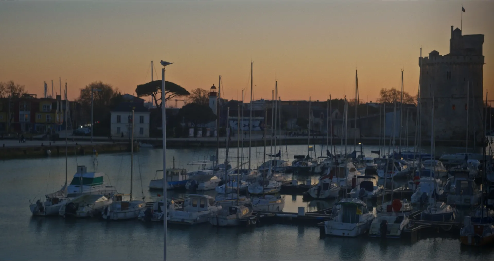 Vieux-Port de La Rochelle au crépuscule, voiliers et tour médiévale
