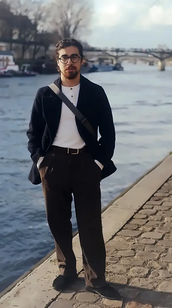 Jean-Christian Lejay en pied sur les quais de Seine à Paris, le pont des Arts en arrière-plan
