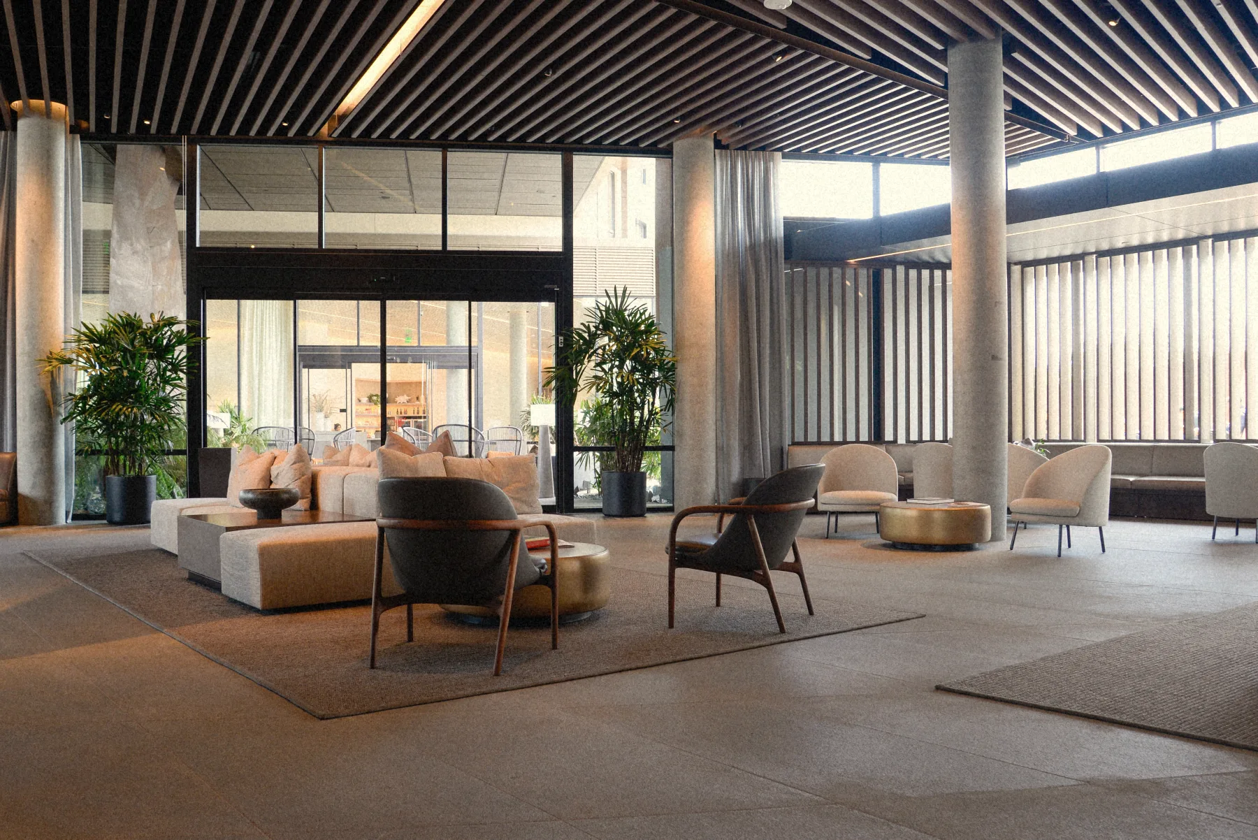 Grand hall lumineux, fauteuils et plantes sous un plafond de bois